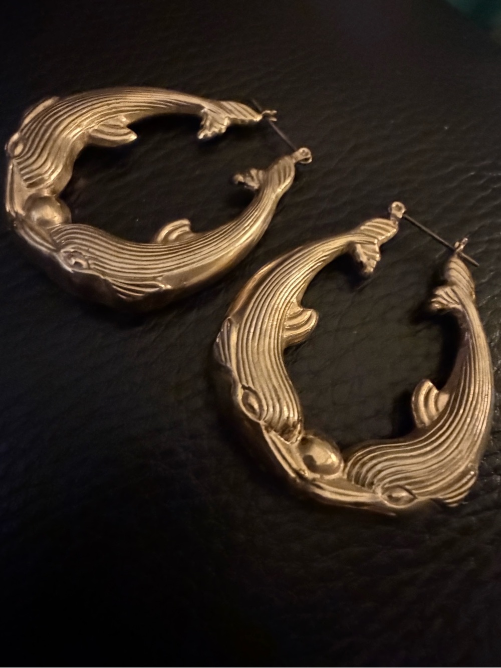 Vintage Kissing Dolphin Hoops Gold plated Puff Large Statement Earrings